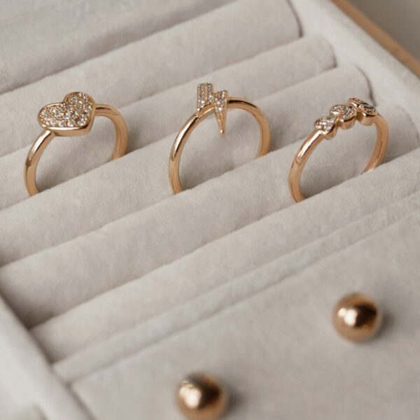 three gold rings in a white box